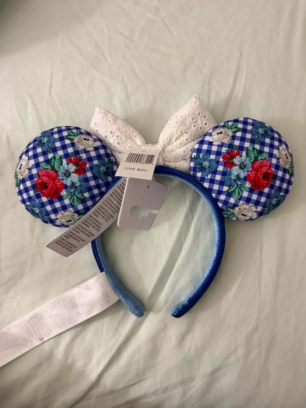 Disney Parks Minnie Mouse Blue Gingham Floral Checkered Ear Headband